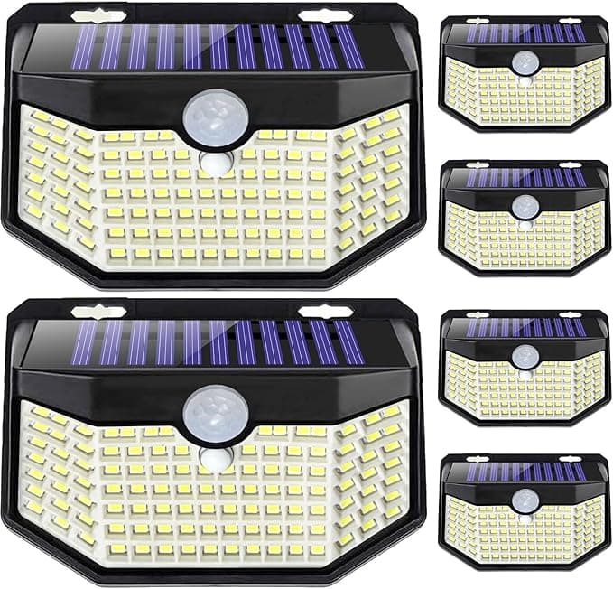 HMCITY 120 LED Outdoor Solar Lights with Motion Sensor and 3 Lighting Modes, IP65 Waterproof Wide Solar Wall Lights (6-Pack)