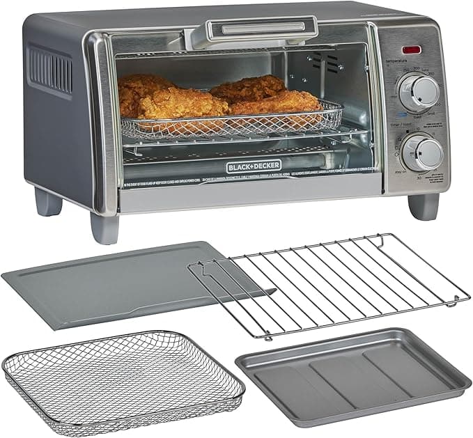 BLACK+DECKER Crisp 'N Bake Air Fry Countertop Convection Toaster Oven, Medium Capacity, 4-Slice, 5-in-1, Fits 9" Pizza, 30-Min Timer, Bake, Broil, Air Fry, Toast, Keep Warm, Stainless Steel