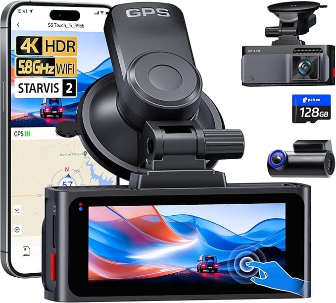 Pelsee S3 Touch 4K Dash Cam Front and Rear, STARVIS 2 Sensor, STARLIT Full Color Night Vision, 128GB Card, WiFi 6, ADAS, 3.39-Inch IPS Screen, Voice Control, 24H Parking Mode, GPS