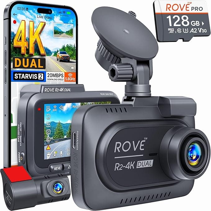 ROVE R2-4K DUAL Dash Cam Front and Rear, STARVIS 2 Sensor, 128GB Card Included, 5G WiFi, 4K 2160P Dash Camera for Cars, 3-Inch IPS, 24H Parking Mode