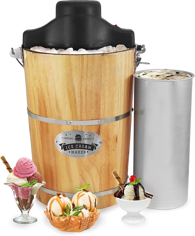Elite Gourmet EIM916 Old Fashioned 6 Quart Vintage Wood Bucket Electric Ice Cream Maker, Bonus Die-Cast Hand Crank