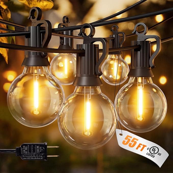 Brightown Outdoor String Lights 50+5FT — 25 G40 Globe Bulbs, IP65 Waterproof, Dimmable, Connectable