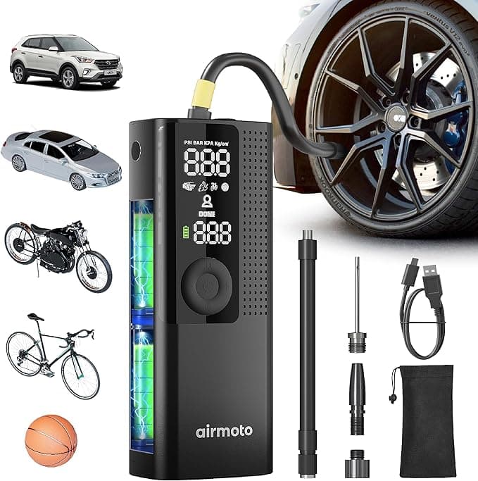 Airmoto Tire Inflator Portable Air Compressor - Air Pump For Car Tires with Digital Pressure Gauge, LED Light and Auto Shut-Off Function